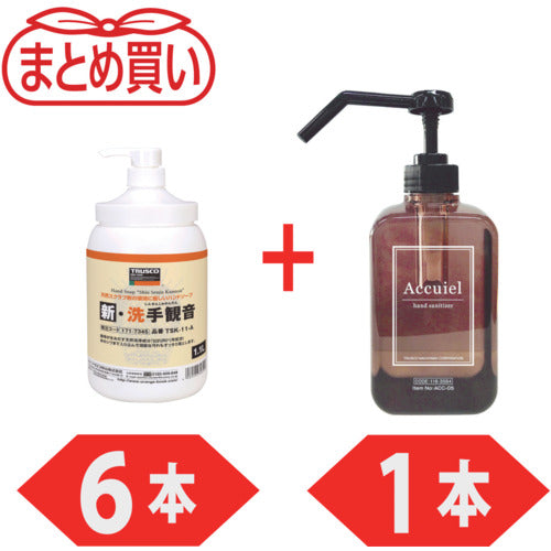 TRUSCO Hand Soap New Hand Washing Kannon Pump Body 1.1L 6 Bottles + Hand Sanitizer "Accuir" 500ML 1 Bottle Campaign Set TSK11A-6-PLUSACC05SET 1 S