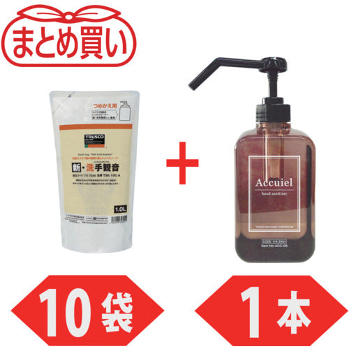TRUSCO Hand Soap New Washing Hand Kannon Refill Pack 1.0L 10 Bags + Hand Sanitizer "Accuir" 500ML 1 Bottle Campaign Set TSK10CA-10-PLUSACC05SET 1 S