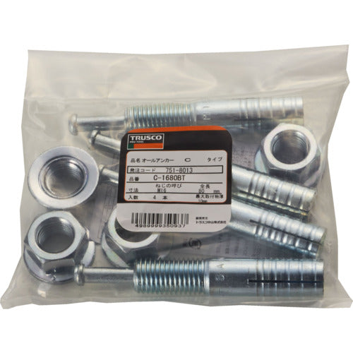 TRUSCO オールアンカーCタイプ スチール M16X80 4本入 (コンクリート用アンカー/芯棒打込み式 ) C-1680BT 1 PK