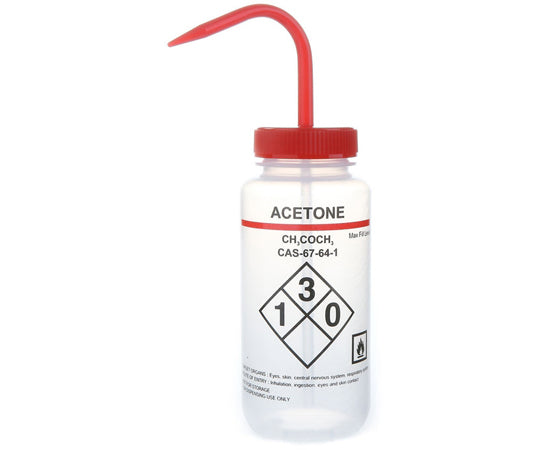 Wash Bottles Safety Labeled Self Venting Wide Mouth 500mL Acetone Clear/Red 1 box (6 pieces) 120250 1 box (6 pieces)