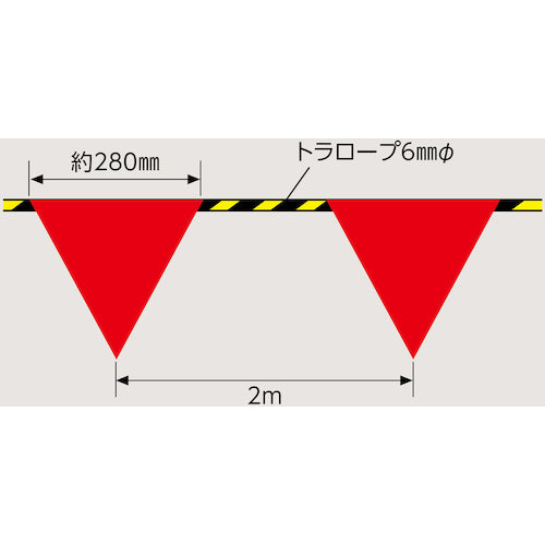 緑十字 三角旗付標識ロープ(トラロープ) 赤無地タイプ 標識ロープ−100 6mmΦ×20m(280mm三角) 281100 1 巻