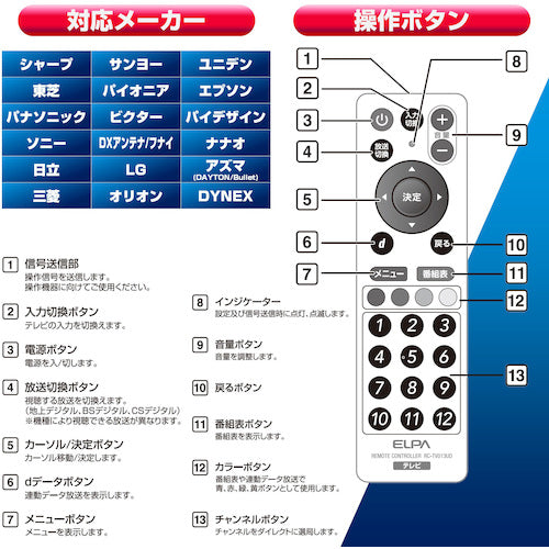 ELPA スリムリモコン 国内メーカー18社対応 動作距離7m ホワイト RC-TV013UD 1 個
