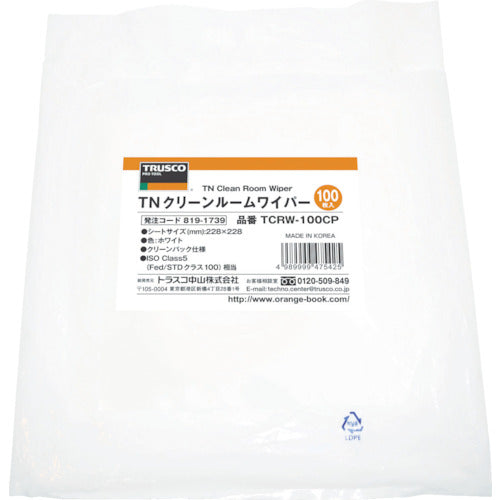 TRUSCO TN 클린 룸 와이퍼 100 228X228mm 100 매입 TCRW-100CP 1 봉지