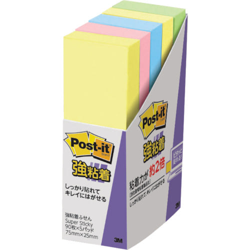 3M Post-it Strong Adhesive 75 x 25 mm 90 sheets x 5 pads 4 colors mixed 500-5SSAP 1 PK