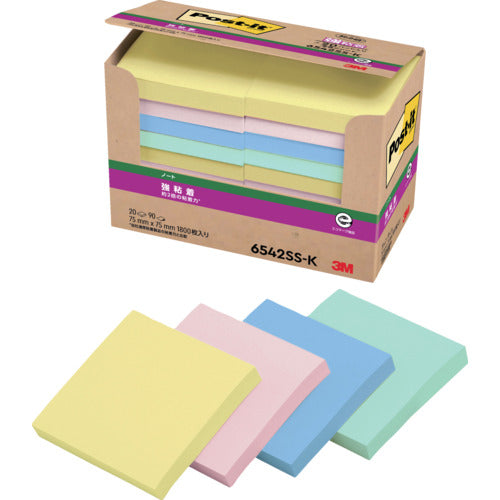 3M ポスト・イット 強粘着75X75mm90枚X20パッド4色混色 1800枚 6542SS-K 1 PK