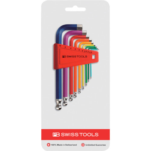PB Swiss Tools Ball Head Hexagonal Wrench Set, 9 Pieces, Rainbow (Blister Pack) 212H-10RBCN 1 S