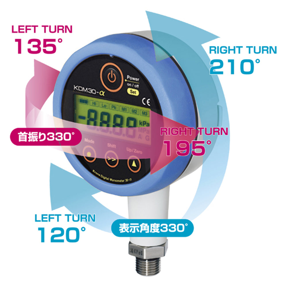 高精度デジタル圧力計 006P（9V）乾電池タイプ ブルー 0～10.00MPaG　KDM30α-10MPaG-B-BL 1個