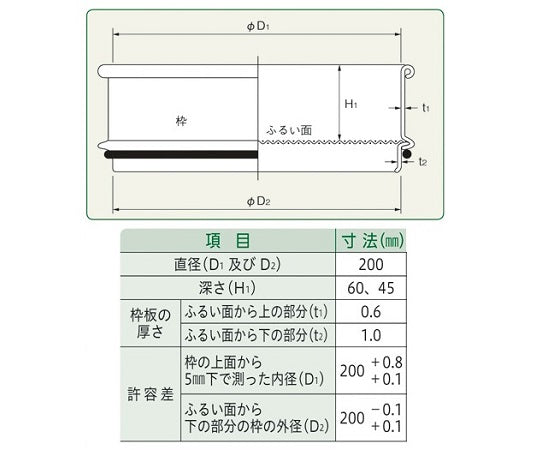 ふるい(試験用・鉛フリー)<TS製>　SUS普及型　φ200mm（深さ45mm）　目開き53μm　JTS-200-45-48 1個
