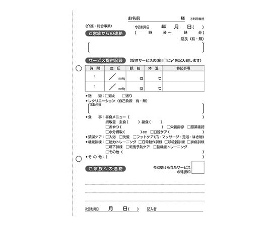 看護・介護記録用紙 リズミィ1 デイ日誌 B6 1セット（50組×20冊入） 1セット(50組×20冊入)