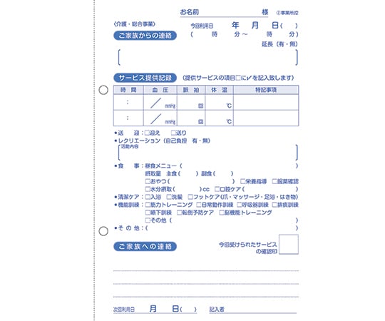 看護・介護記録用紙 リズミィ1 デイ日誌 B6 1セット（50組×20冊入） 1セット(50組×20冊入)