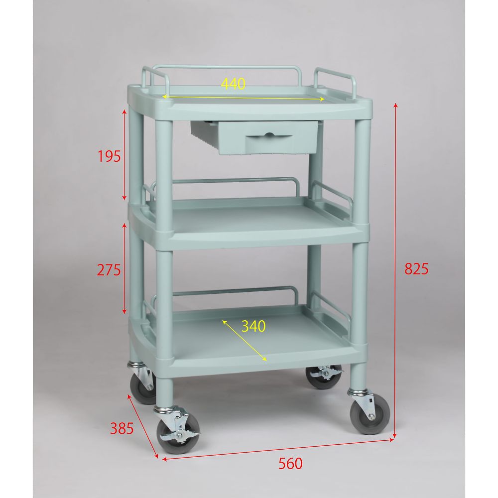 Plastic cart 3 shelves, 1 drawer, with guard rail, 560 x 385 x 825 mm, Y101H, 1 unit
