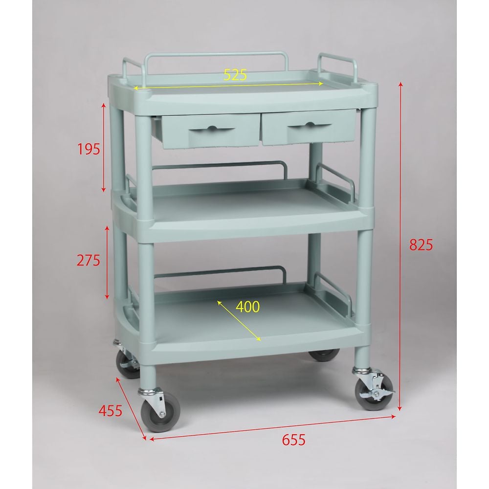 Plastic cart 3 shelves, 2 drawers, with guard rails, 655 x 455 x 825 mm, Y201H, 1 unit