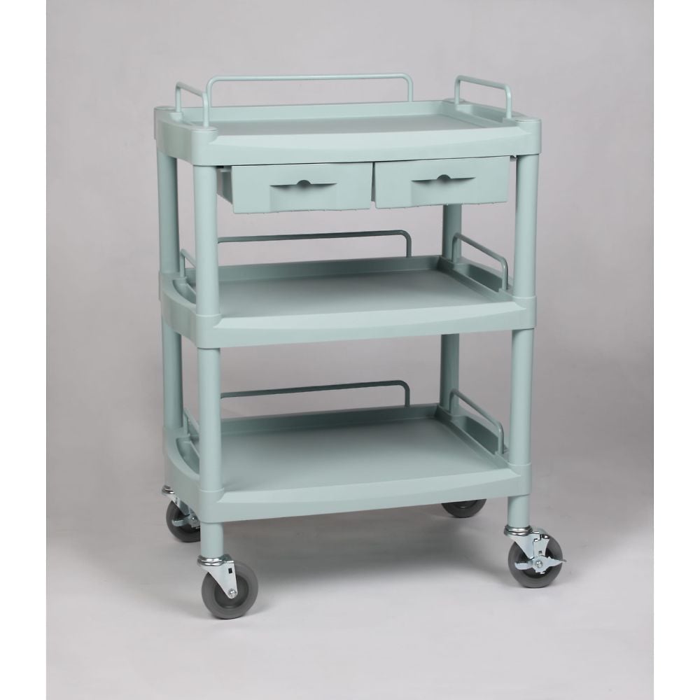 Plastic cart 3 shelves, 2 drawers, with guard rails, 655 x 455 x 825 mm, Y201H, 1 unit