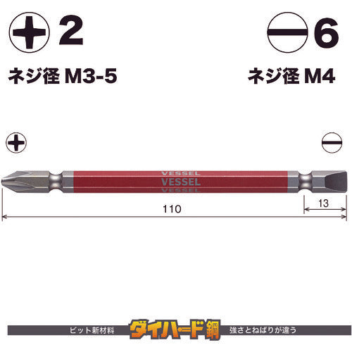 ＶＥＳＳＥＬ　剛彩ビット　２本組　（両頭コンビ）　＋２／−６×１１０ｍｍ　GS142611　1 PK