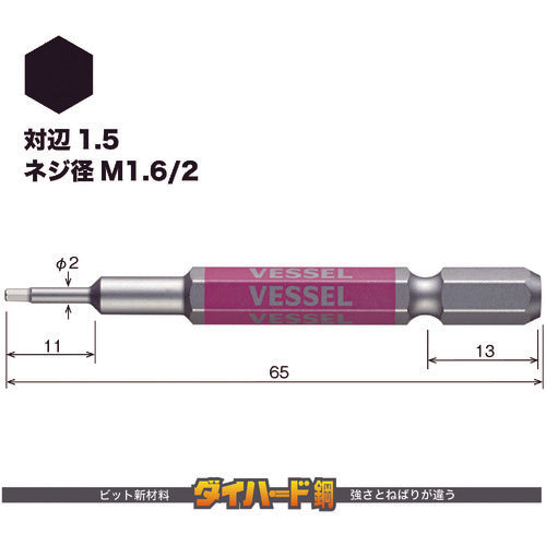 ＶＥＳＳＥＬ　剛彩ビット　（片頭ヘックス）　対辺１．５×６５ｍｍ　GSH015S　1 PK