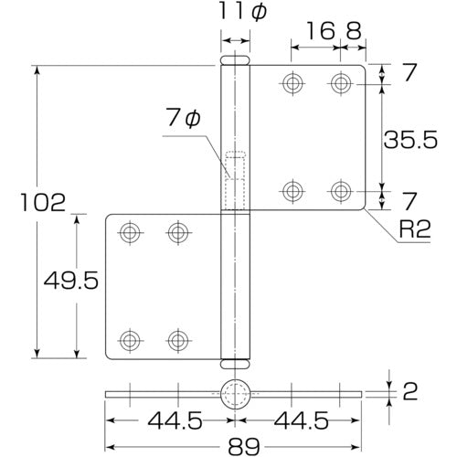 ＭＫ　ステンレス　ルーム丁番２Ｒ（両面皿）　１０２Ｘ８９　ＨＬ　S-45CH 071　1枚