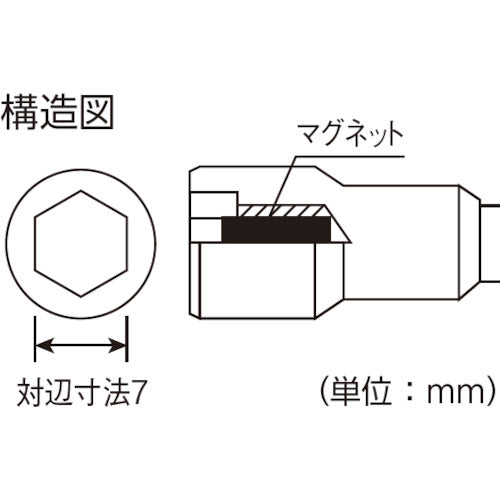 ＶＥＳＳＥＬ　ナットセッター（マグネット圧入式）　対辺７×５５（ネジ径４ｍｍ用）　MA20-7.0-55　1本