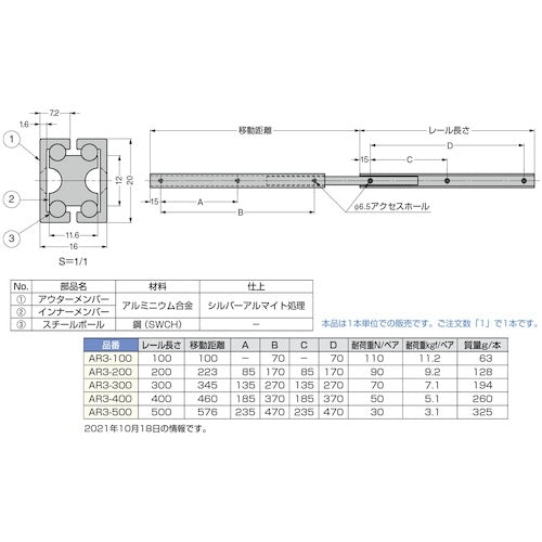 SUGATSUNE (190119539) AR3-200 Aluminum alloy slide rail AR3-200 1 piece