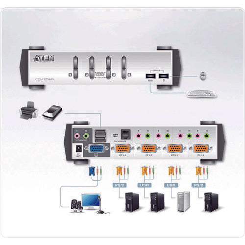 ATEN KVMP[TM] Switch 4 Ports/USB/VGA/Audio/USB 2.0 Hub 2 Ports CS1734A 1 Unit