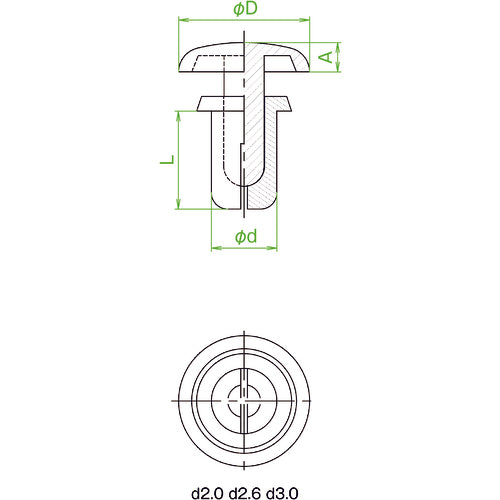 ＴＲＵＳＣＯ　プッシュリベット　板厚０．６〜１．２ｍｍ　穴径２．１Φ　長さ２．４　白　５０個入　TPR2024-W　1 袋