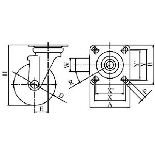 유에이 플레이트식 자재 캐스터 모노머 캐스트 나일론 바퀴 지름 100mm J타입 J형 설치 치수 74×74(67×67) MCBJ-100 1개