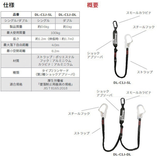 Ｈｏｎｅｙｗｅｌｌ　伸縮ランヤード（ダブル）（ワークプレイス　ハーネス用）　DL-C1J-DL　1 本