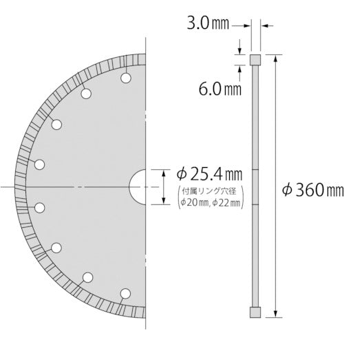 エビ　ダイヤモンドカッター　ウェーブレーザー（乾式）　３６０ｍｍ穴径２５．４ｍｍ　WL355254　1 枚