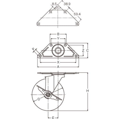 Hammer Plate-type Corner Caster Swivel Rubber Wheel 75mm with Stopper 215E-R75 1pc