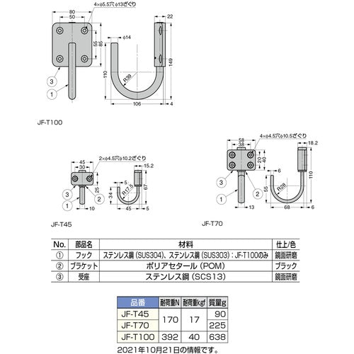 ＳＵＧＡＴＳＵＮＥ　（１１００３２４１４）ＪＦ−Ｔ１００ステンレス鋼製フリクション式ジャンボ回転フック　JF-T100　1 個