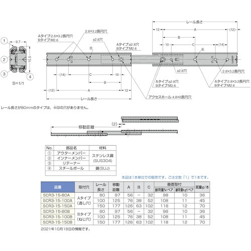 SUGATSUNE (190026615) SCR3-15-100A 미니 슬라이드 레일 SCR3-15-100A 1 개