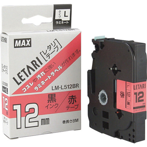 MAX 비팝 미니용 라미네이트 테이프 12 mm폭 적×흑문자 8 m권 LX90180) 1개