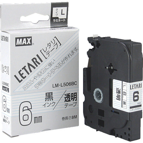 MAX Bepop Mini Laminated Tape LM-L506BC Transparent x Black Lettering 6mm Width x 8m Roll LM-L506BC 1 Piece