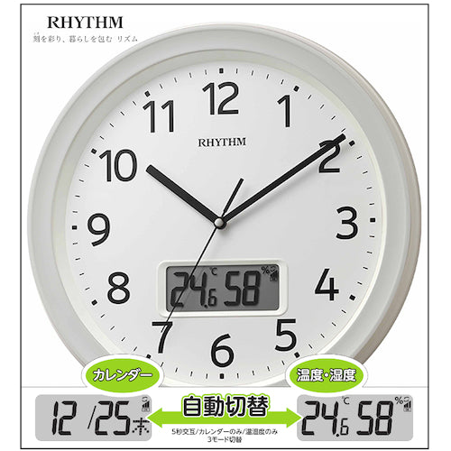 ＲＨＹＴＨＭ　電波　壁掛け時計（アナログ表示）　温湿度計付き　カレンダー　連続秒針　白　Φ３２５×５０ｍｍ　8FYA02SR03　1 個