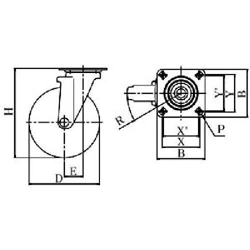 ユーエイ　プレート式　自在　キャスター　グレーゴム　車輪径１２５ｍｍ　　Ｊタイプ　ＲＪ２型　取付寸法８０×８０（７５×７５）　RJ2-125NWR-G　1 個