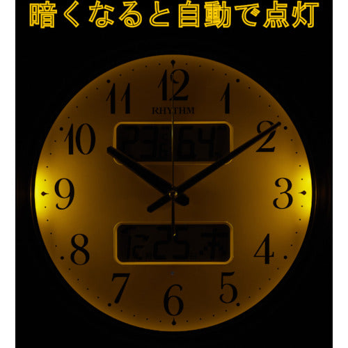 ＲＨＹＴＨＭ　電波　壁掛け時計（アナログ表示）　温湿度計付き　カレンダー　暗所自動点灯機能付き　連続秒針　ブラウン　Φ３４４×５２ｍｍ　8FYA04SR06　1 個