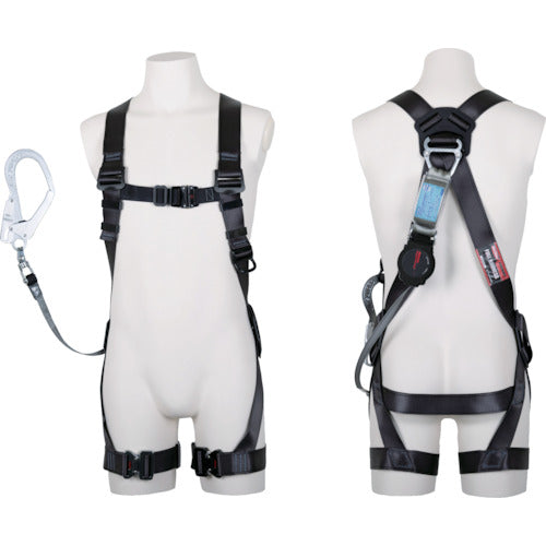 TSUYORON Kurokage Harness with Single Lanyard, Retractable One-Hand Retractor with Locking Mechanism, Dark Gray, Size L, TH-504-OH93SV-OT-DG-L-R23-BX, 1 Piece