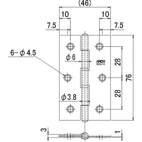 ＡＲＣＨ　中厚蝶番７６ｍｍ　光沢研磨　TN4520-76BK　1 枚