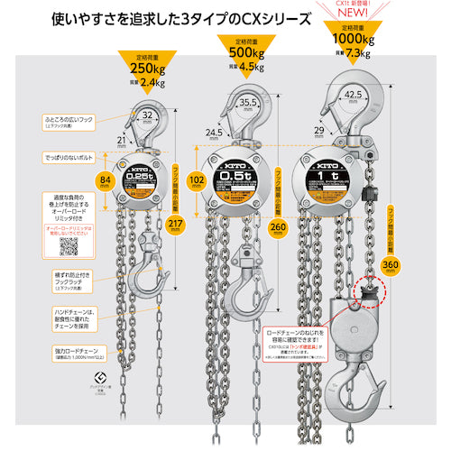 ＫＩＴＯ　キトーチェーンブロックＣＸ　定格荷重１ｔ　標準揚程２．５ｍ　CX010L　1 台