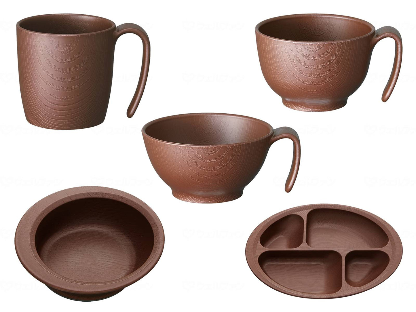 スケーター木目ｼﾘｰｽﾞ　介護食器ｾｯﾄ ﾌﾞﾗｳﾝ 5種5個ｾｯﾄ