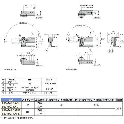 ＳＵＧＡＴＳＵＮＥ　（１７００４３８１９）ＨＧ−ＭＡ９５Ａ−Ｌストッパーヒンジ　HG-MA95A-L　1 個