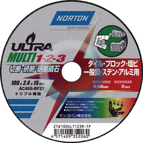 ＮＯＲＴＯＮ　切断・研磨・研削砥石　ウルトラＭＵＬＴＩ１−２−３　１００ｍｍ×２．２ｍｍ　2TW100ULT123M1P　10 枚