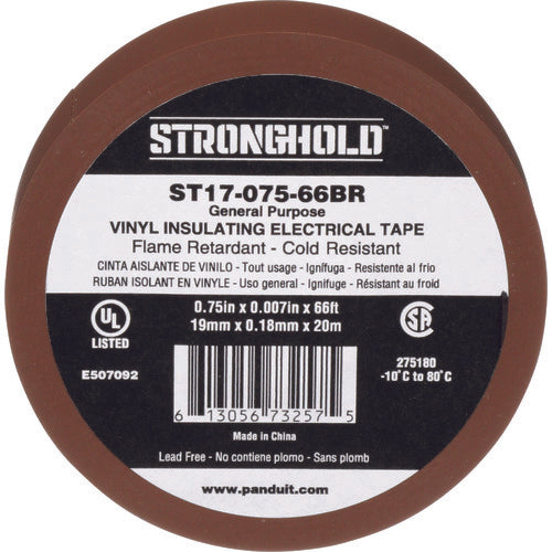 ストロングホールド　ＳｔｒｏｎｇＨｏｌｄビニールテープ　一般用途用　茶　幅１９．１ｍｍ　長さ２０ｍ　ＳＴ１７−０７５−６６ＢＲ　ST17-075-66BR　1 袋