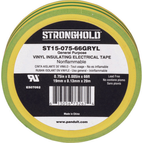 ストロングホールド　ＳｔｒｏｎｇＨｏｌｄビニールテープ　一般用途用　イエロー／グリーン　幅１９．１ｍｍ　長さ２０ｍ　ＳＴ１５−０７５−６６ＧＲＹＬ　ST15-075-66GRYL　1 袋