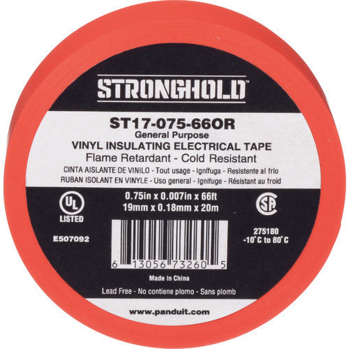 ストロングホールド　ＳｔｒｏｎｇＨｏｌｄビニールテープ　一般用途用　オレンジ　幅１９．１ｍｍ　長さ２０ｍ　ＳＴ１７−０７５−６６ＯＲ　ST17-075-66OR　1 袋