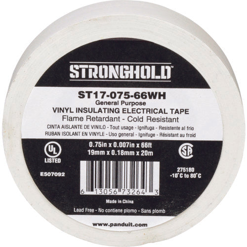 ストロングホールド　ＳｔｒｏｎｇＨｏｌｄビニールテープ　一般用途用　白　幅１９．１ｍｍ　長さ２０ｍ　ＳＴ１７−０７５−６６ＷＨ　ST17-075-66WH　1 袋