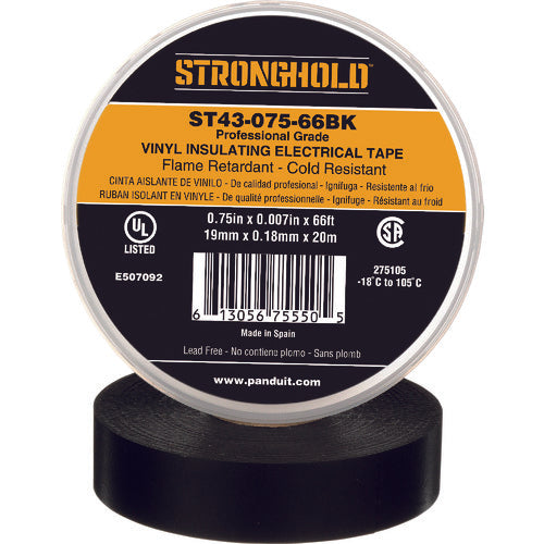 ストロングホールド　ＳｔｒｏｎｇＨｏｌｄビニールテープ　耐熱・耐寒・難燃　プロ仕様グレード　黒　幅１９．１ｍｍ　長さ２０ｍ　ＳＴ４３−０７５−６６ＢＫ　ST43-075-66BK　1 巻