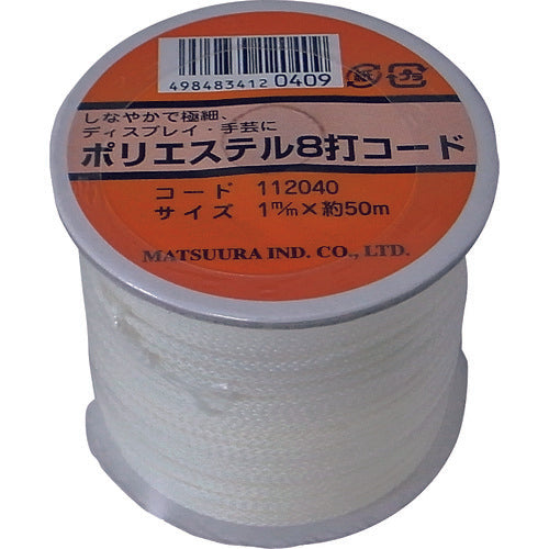 まつうら　ポリエステル８打コード（芯入り）　１ｍｍ×５０ｍ　白　ボビン巻　PET-8CORD-1-50WH　1 巻