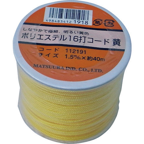 まつうら　ポリエステル１６打コード（芯なし）　１．５ｍｍ×４０ｍ　黄　ボビン巻　PET-16CORD-15-40YL　1 巻