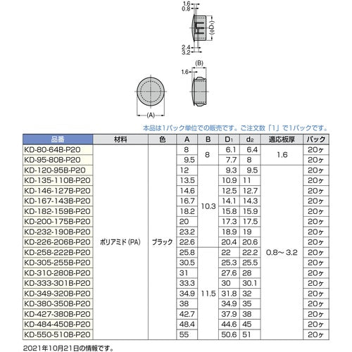 SUGATSUNE (120038124) KD-120-95B-P20/홀 매립 캡 KD-120-95B-P20 1봉지