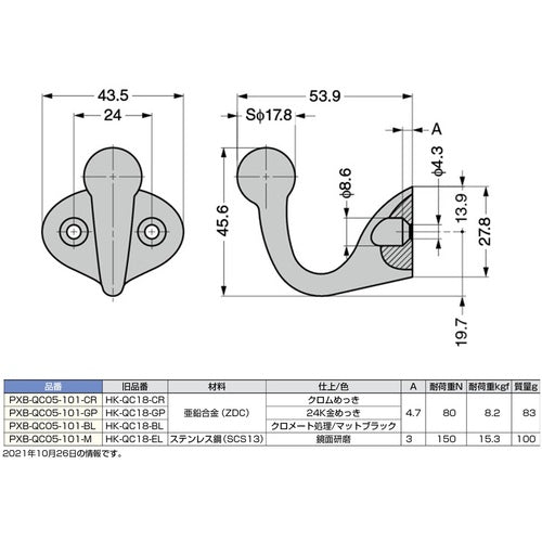 ＳＵＧＡＴＳＵＮＥ　（１１００３７９５８）ＰＸＢ−ＱＣ０５−１０１−ＣＲ／フック　PXB-QC05-101-CR　1 個